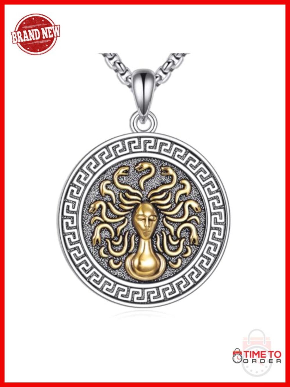 S925 Sterling Silver Medusa Pendant Necklace Men's Greek Key 22in